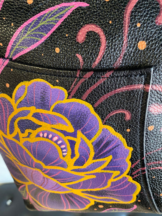 Hand-Painted Genuine Leather Cross-Body Bag - Purple Peony