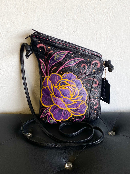 Hand-Painted Genuine Leather Cross-Body Bag - Purple Peony