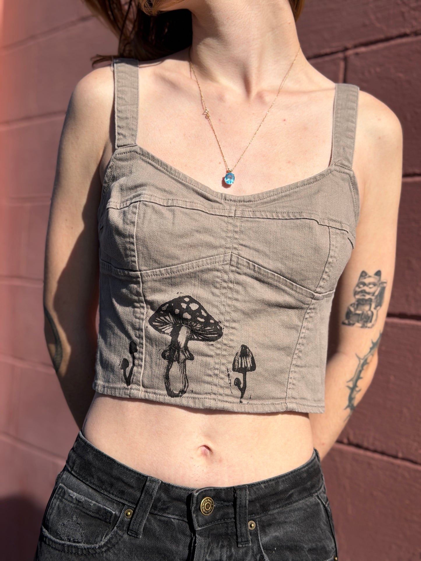 Mushroom Cropped Denim Tank *small*