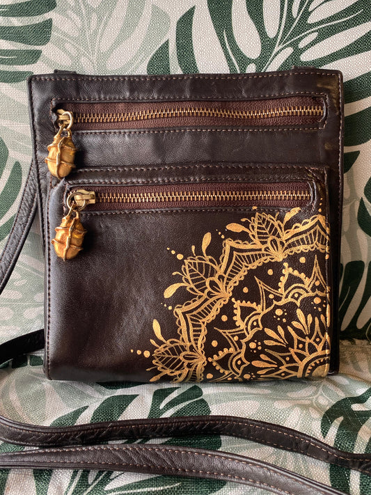Hand Painted Genuine Leather Bag -  Golden Mandala
